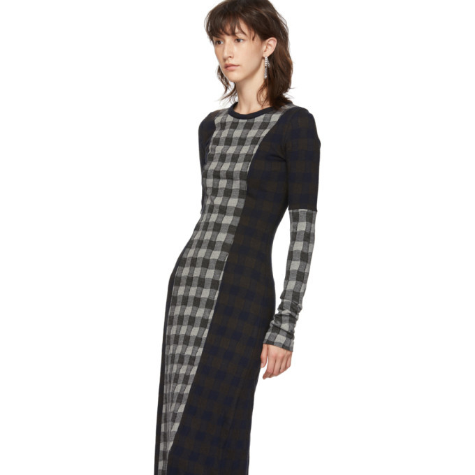 Maison Margiela Navy and Grey Wool Check Patchwork Dress