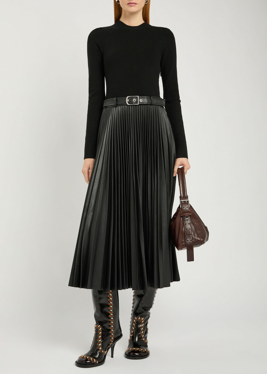 Simkhai Abilene Belted Knit and Faux Leather Midi Dress Black