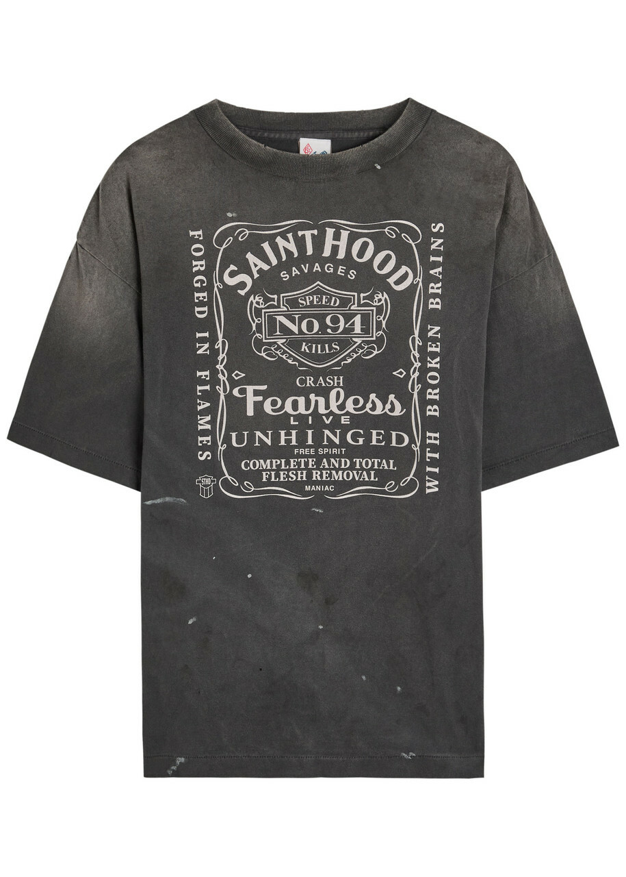 Saint Mxxxxxx Fearless Printed Distressed Cotton T-shirt Black