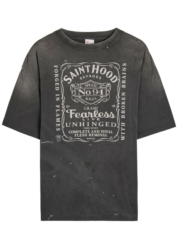 Photo: Saint Mxxxxxx Fearless Printed Distressed Cotton T-shirt Black
