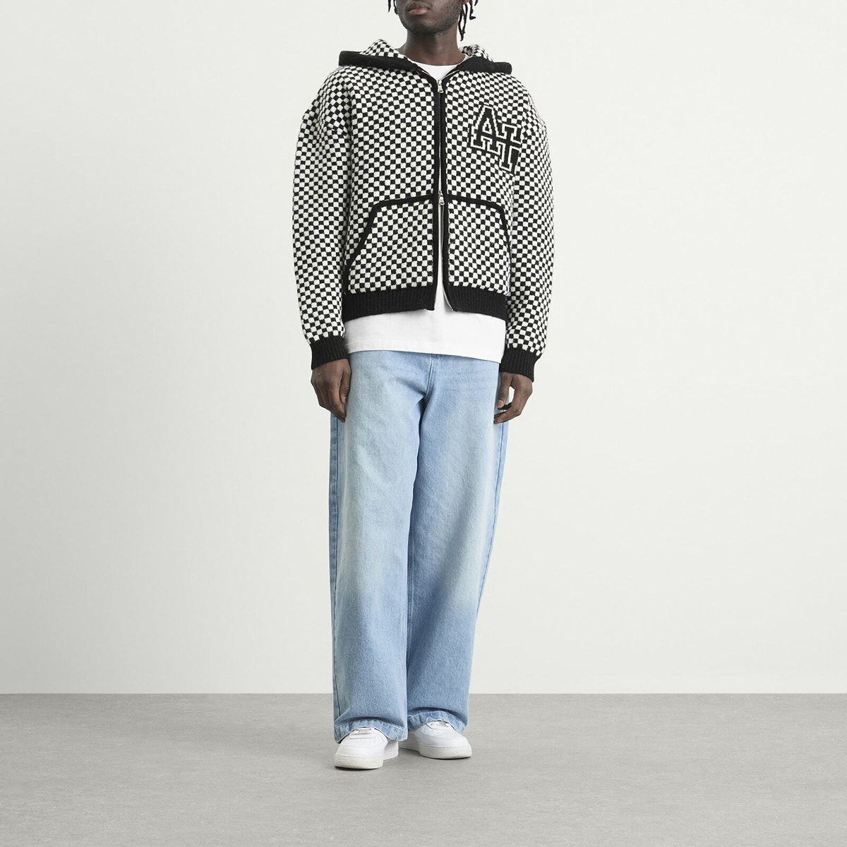 ANNIE HOOD Men's Checked Knitted Jacket in Black/White