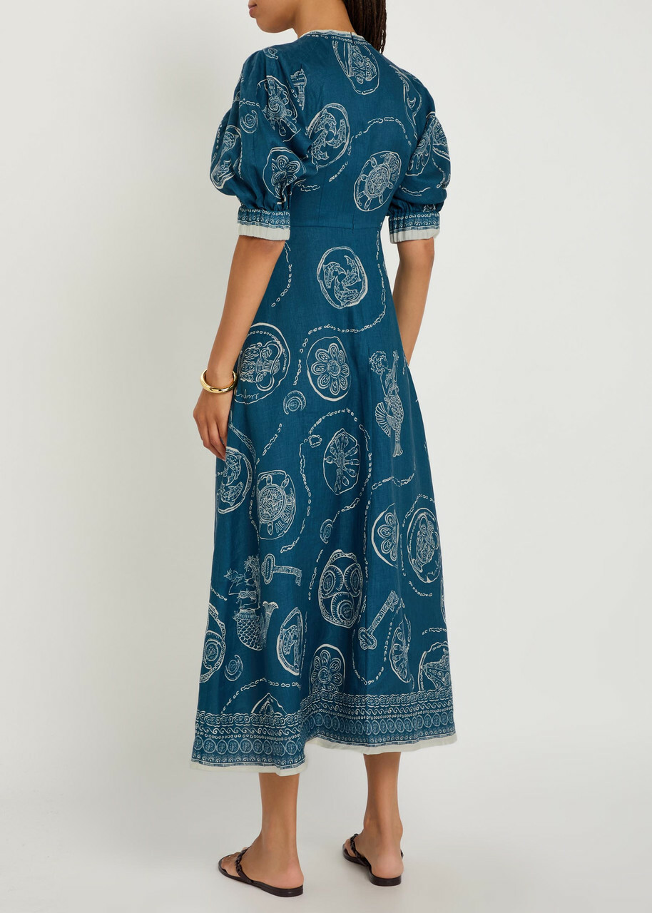 Alemais Lucky Printed Linen Midi Dress Blue