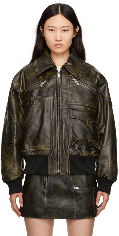 Photo: GCDS Black Workwear Rub-Off Leather Jacket