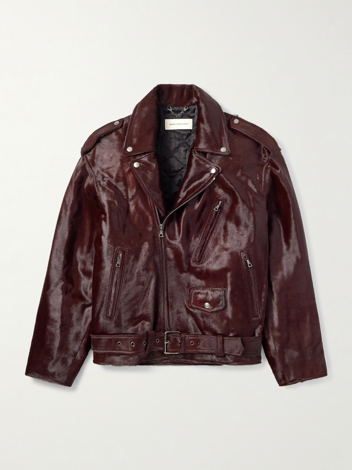 Dries Van Noten - Belted Calf Hair Biker Jacket - Burgundy
