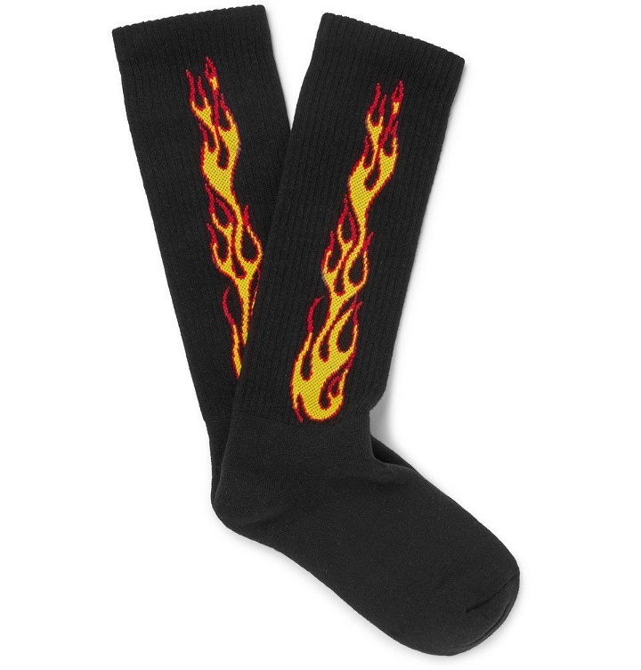 Photo: Palm Angels - Flames Stretch Cotton-Blend Socks - Men - Black