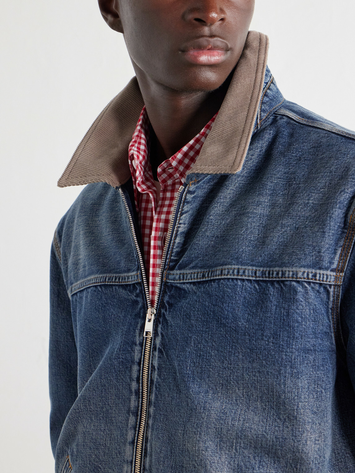FRAME - Corduroy Trimmed Cotton and Lyocell-blend Denim Jacket - Blue