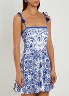 Alice + Olivia Glinda Printed Linen-blend Mini Dress Blue And White
