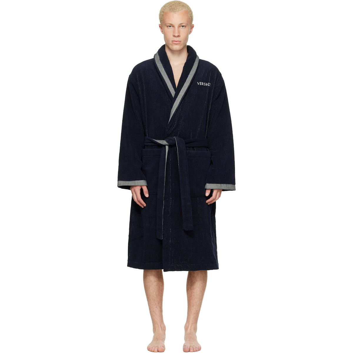 Versace Navy Cotton-Terry Jacquard Bathrobe