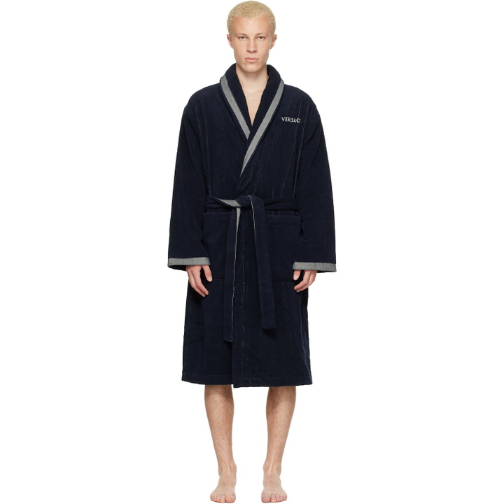 Photo: Versace Navy Cotton-Terry Jacquard Bathrobe