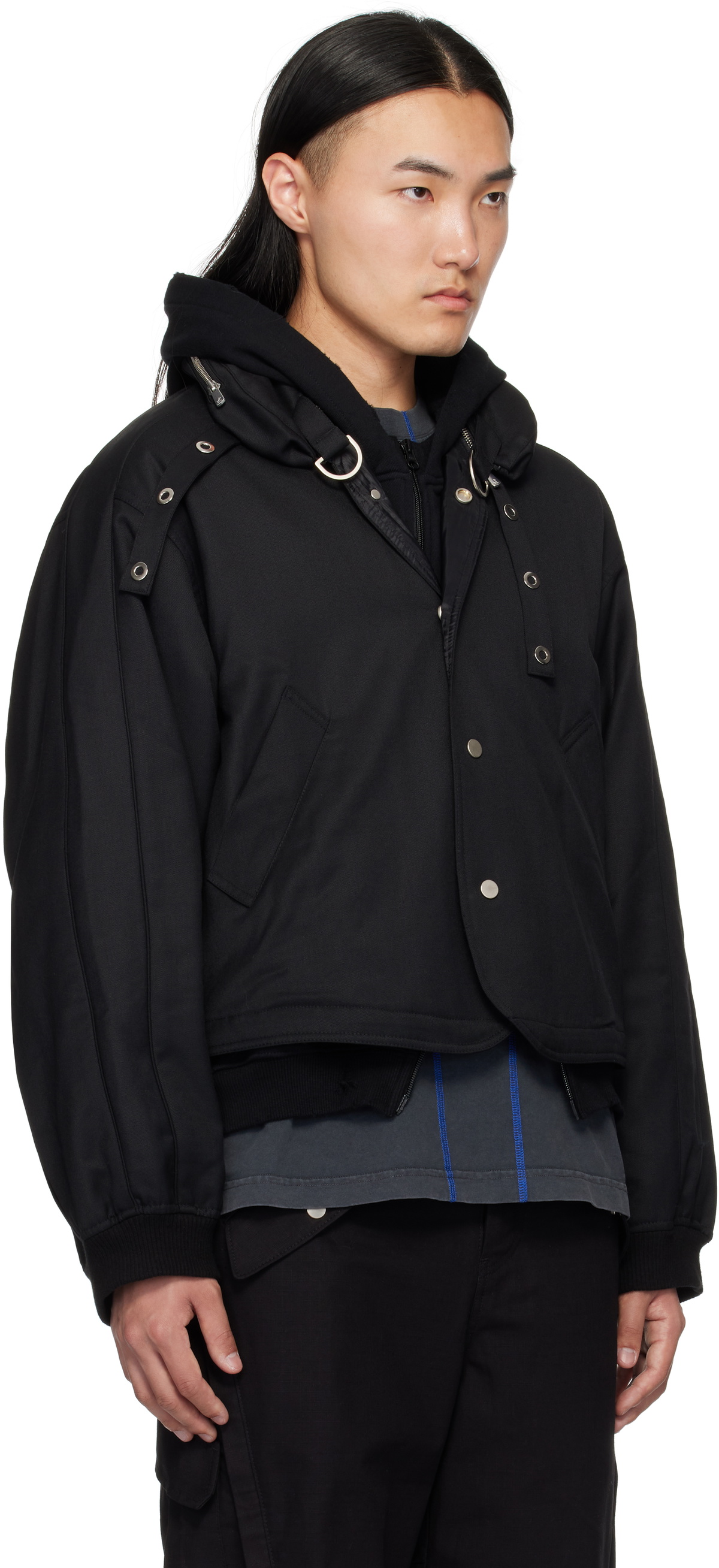FFFPOSTALSERVICE Black Damaged Round Hem Curved Zip-Up Hoodie