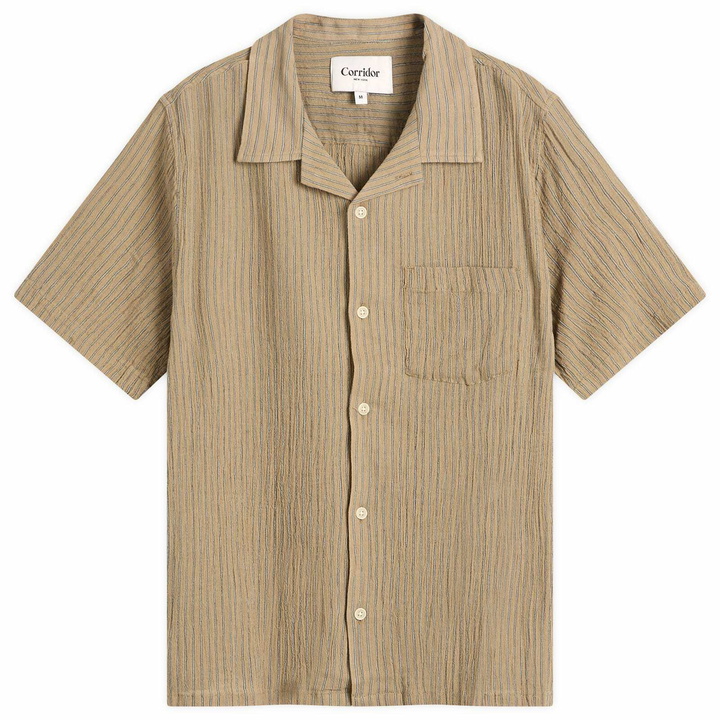 Photo: Corridor Men's High Twist Stripe Short Sleeve Camp Shirt in Brown