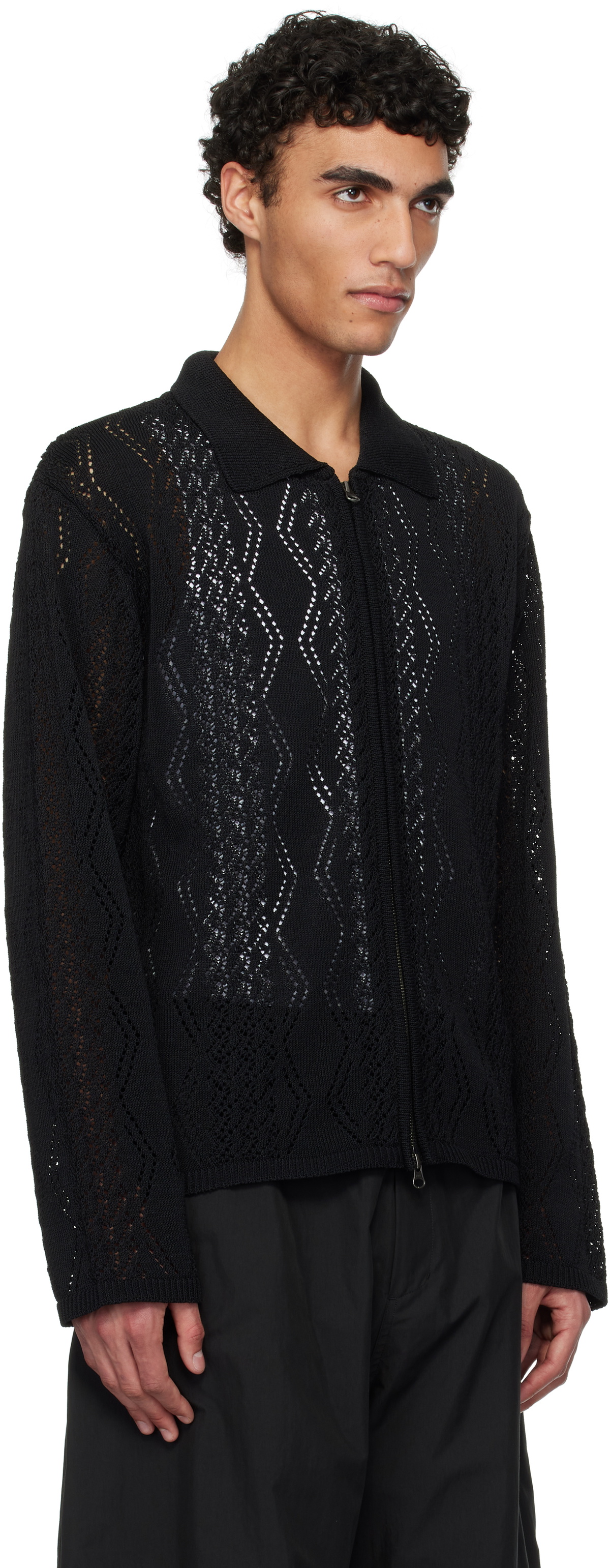 トップス 25ss AMOMENTO CROCHET ZIP-UP CARDIGAN Amomento - Crocheted Zip-Up Cardigan - Black AMOMENTO