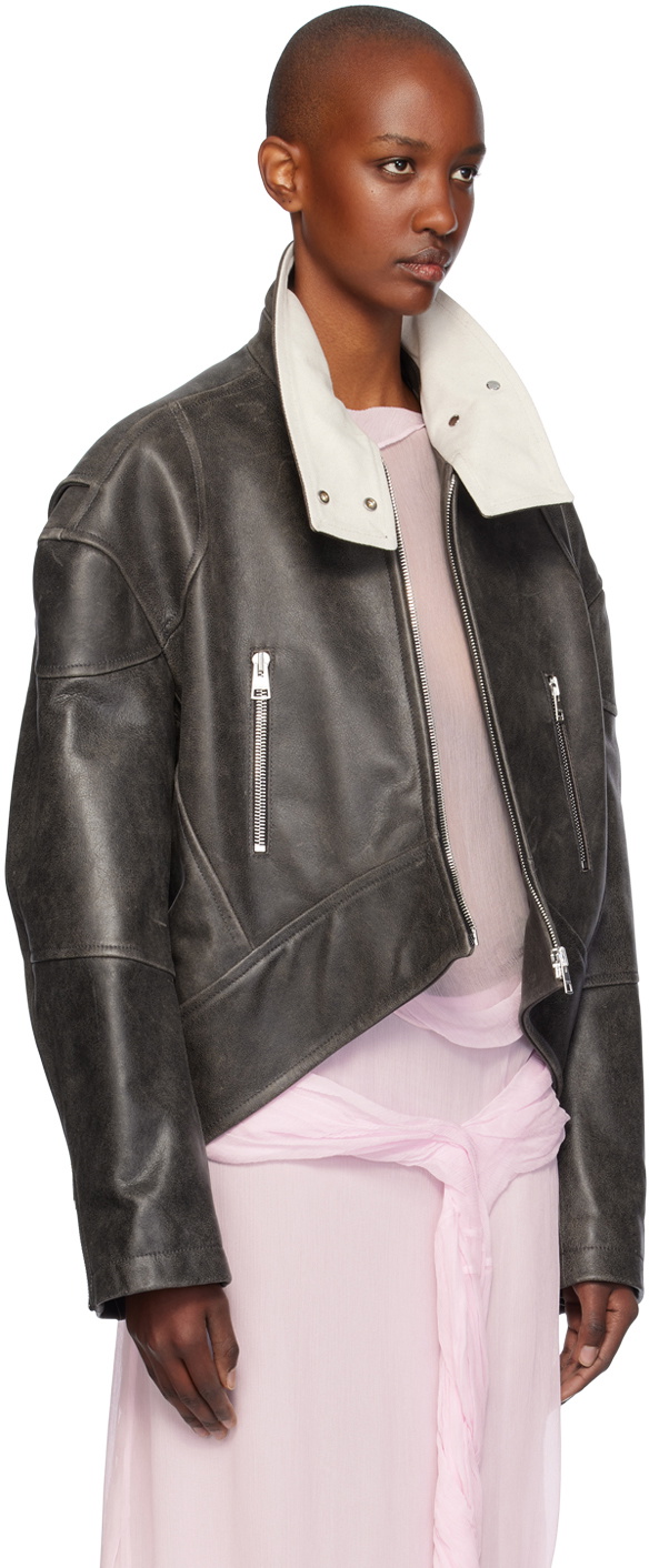 JW Anderson Gray Curved Hem High Neck Leather Jacket JW Anderson