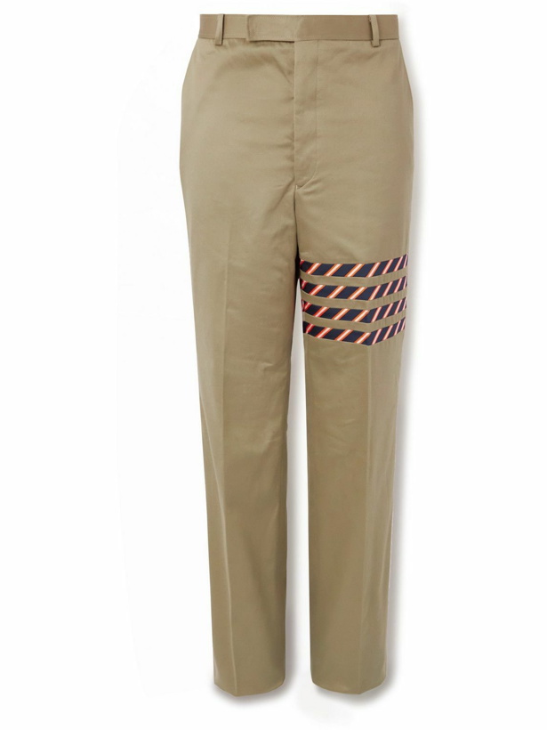Photo: Thom Browne - Straight-Leg Striped Satin-Trimmed Cotton-Twill Trousers - Neutrals