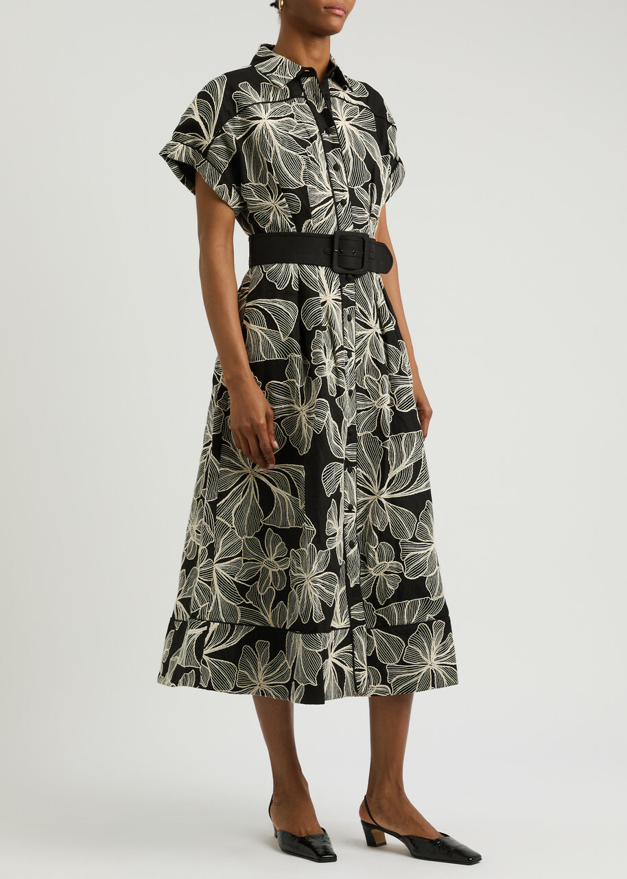 Rebecca Vallance Amira Floral-embroidered Midi Shirt Dress Black Rebecca  Vallance