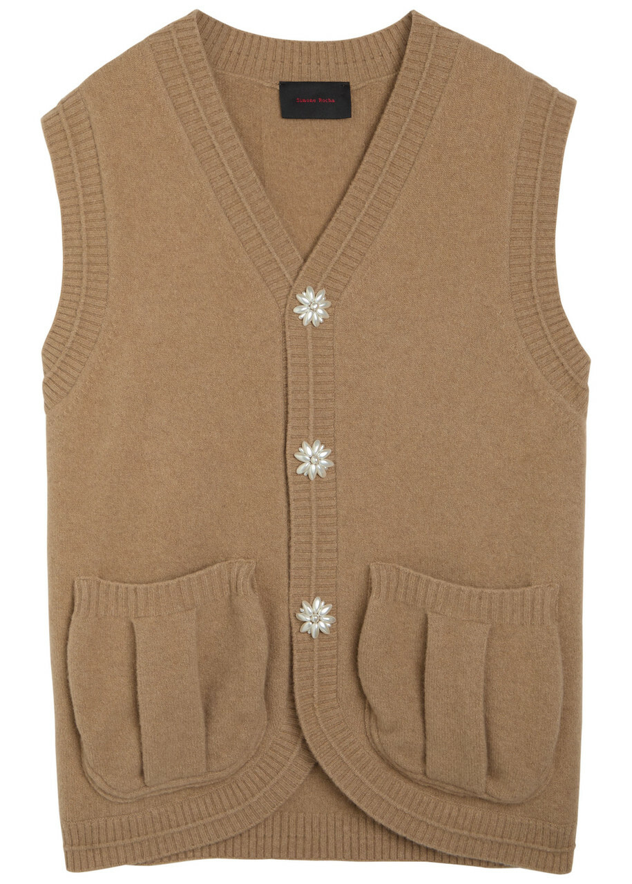 Simone Rocha Faux Pearl-embellished Wool-blend Vest Camel
