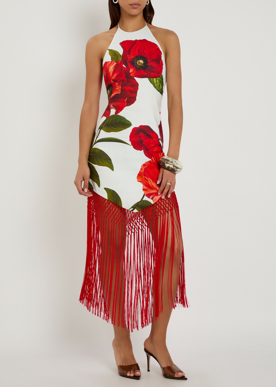 Alice + Olivia Mallory Floral-print Fringed Linen-blend Midi Dress Red And White