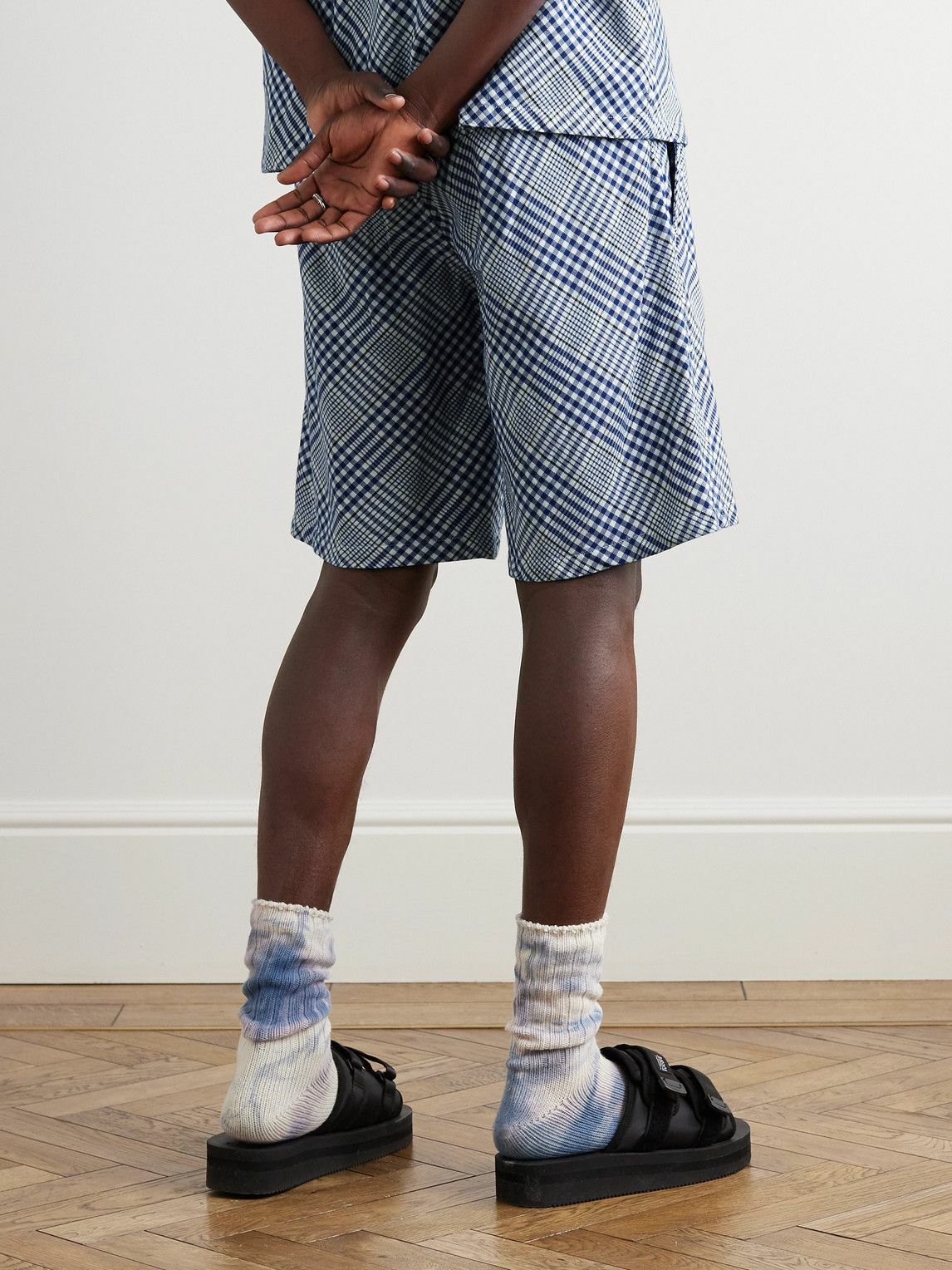 NOMA t.d. - Straight-Leg Checked Cotton Shorts - Blue