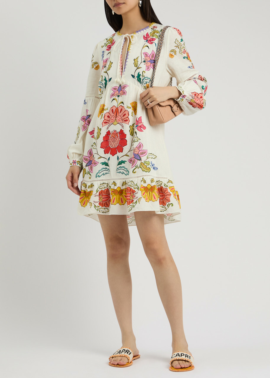 Farm Rio Floral Insects Printed Linen-blend Mini Dress White