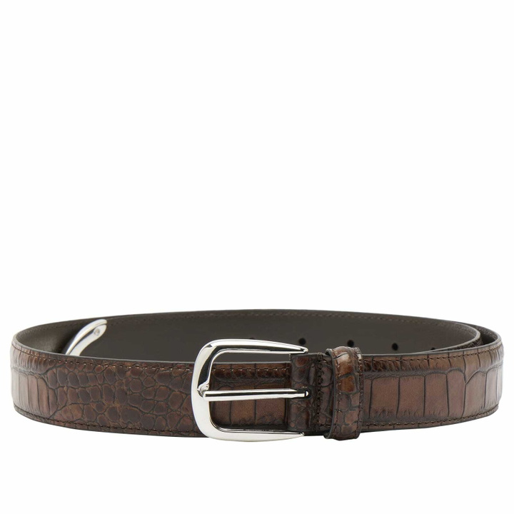 Photo: Anderson's Men's Andersons Narrow Stitch Trimmed Alligator Print Belt in Tan