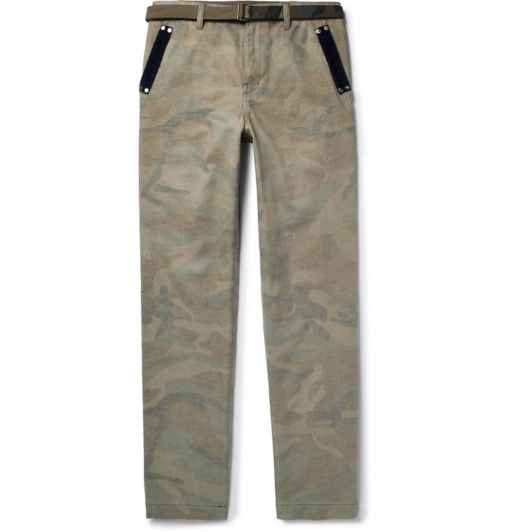 Photo: Sacai - Slim-Fit Velvet-Trimmed Camouflage-Print Brushed-Cotton Trousers - Men - Army green