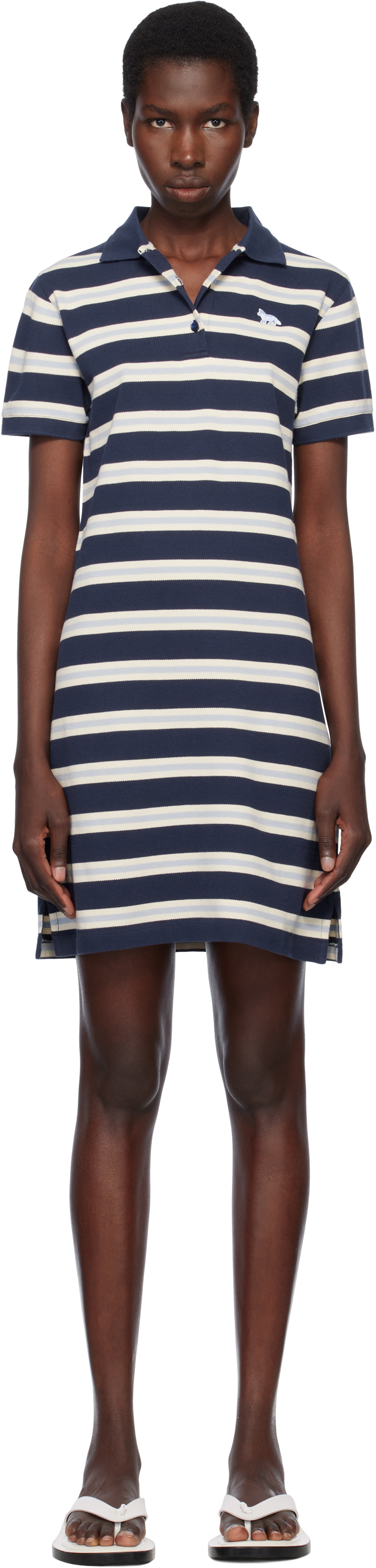 Maison Kitsuné Navy Baby Fox Patch Multi Stripes Polo Minidress