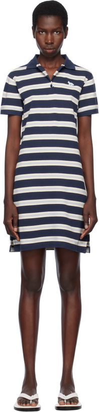 Photo: Maison Kitsuné Navy Baby Fox Patch Multi Stripes Polo Minidress