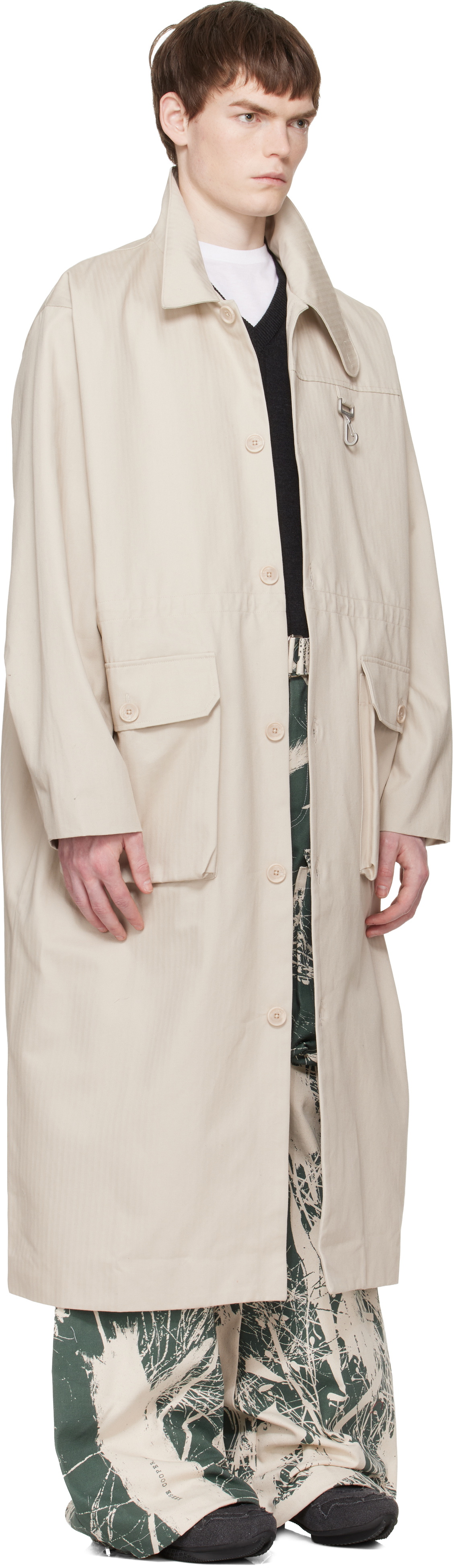 Reese Cooper Beige Cotton Herringbone Overcoat