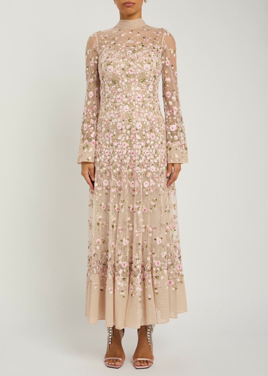 Needle & Thread Sylvia Rose Floral-embroidered Tulle Gown Light Pink