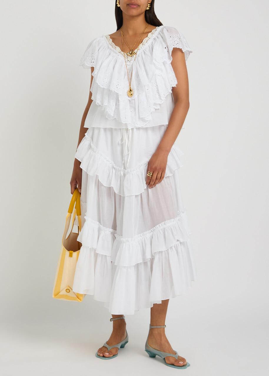 Chloe Embroidered Ruffled Cropped Cotton top White