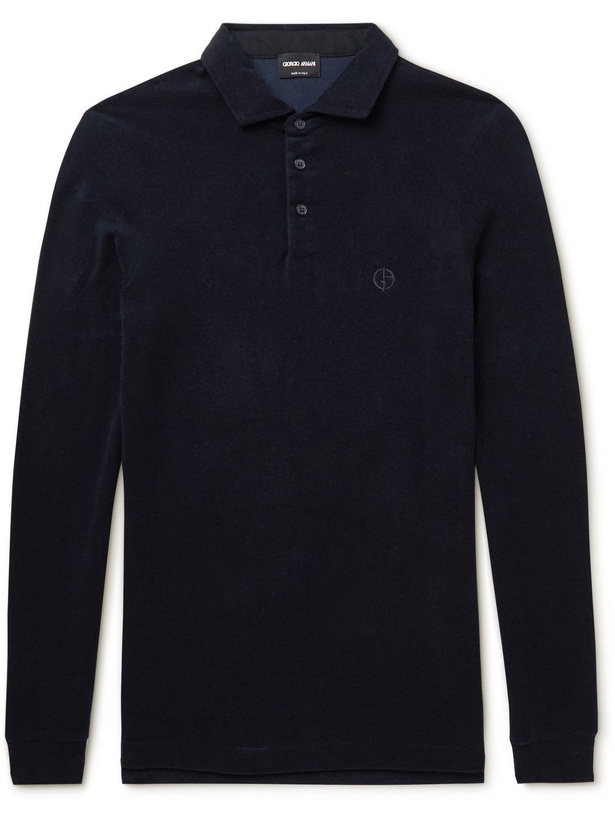 Photo: Giorgio Armani - Cotton-Blend Terry Polo Shirt - Blue