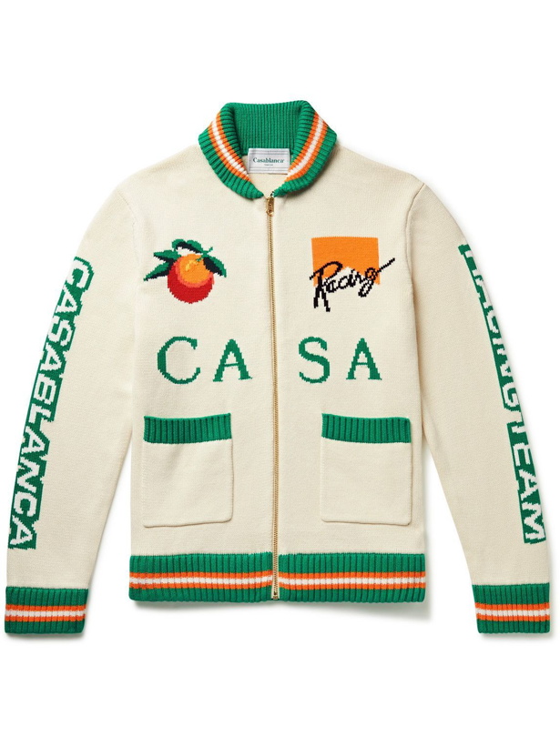Photo: Casablanca - Racing Intarsia Cotton Zip-Up Cardigan - Neutrals