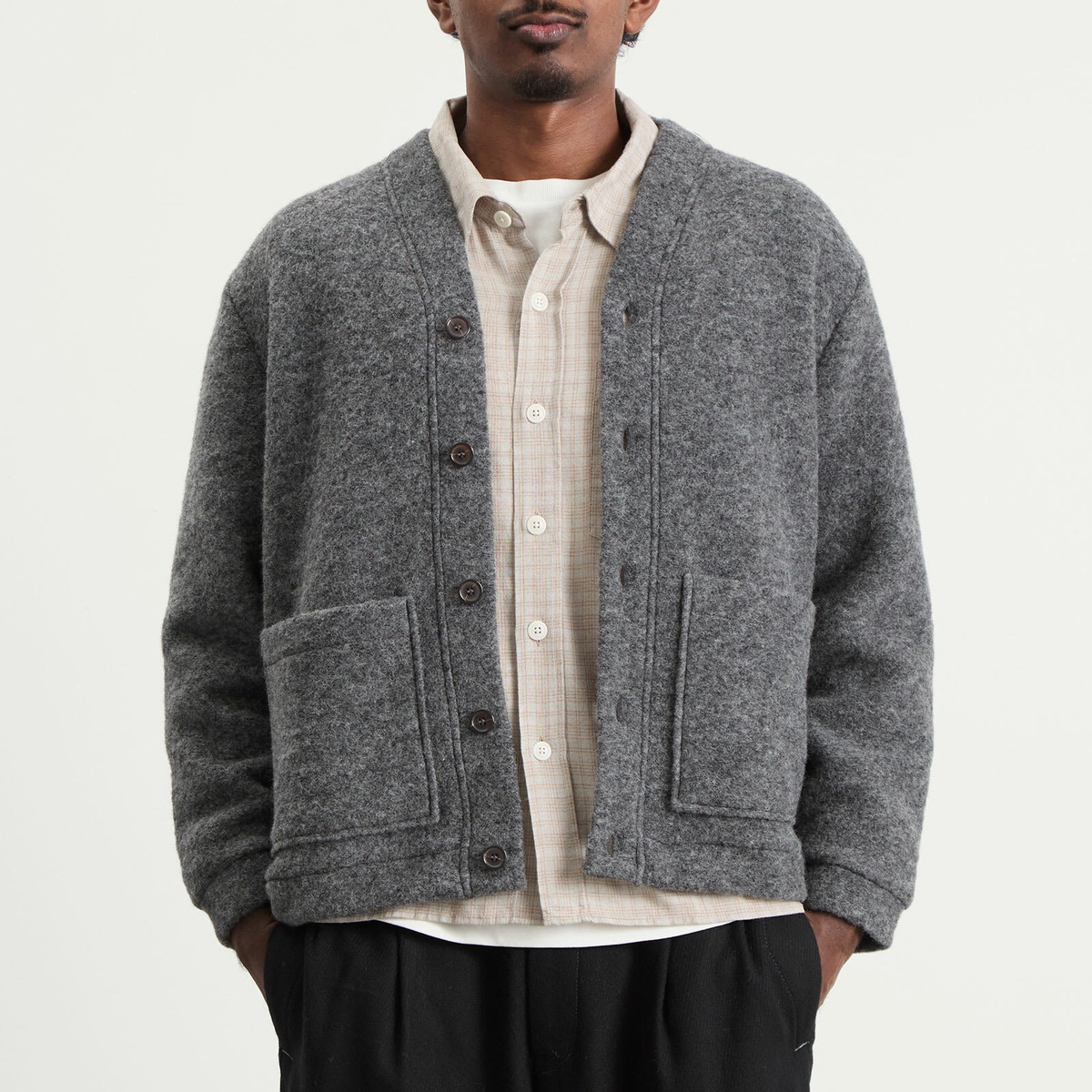 Universal Works Men's Wool Fleece Advance Cardigan in Grey Marl