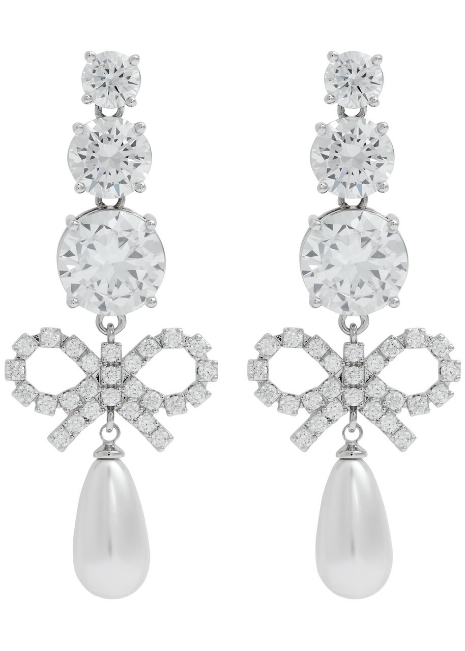 Self-portrait Crystal-embellished bow Drop Earrings - Silver - One Size