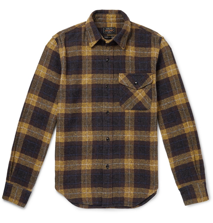 Photo: Beams Plus - Checked Herringbone Cotton-Flannel Shirt - Yellow