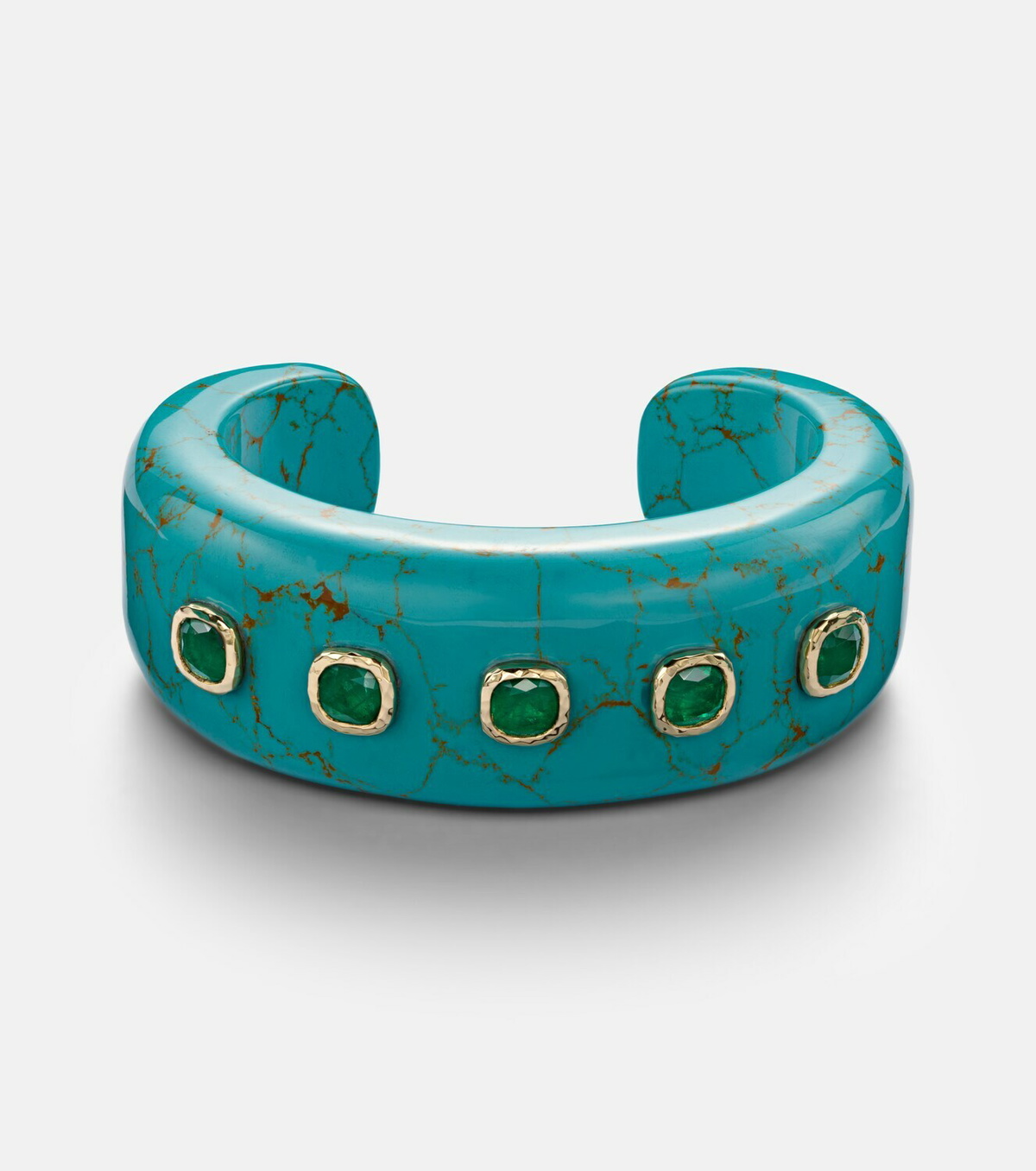 Octavia Elizabeth 18kt gold and turquoise cuff bracelet with emeralds