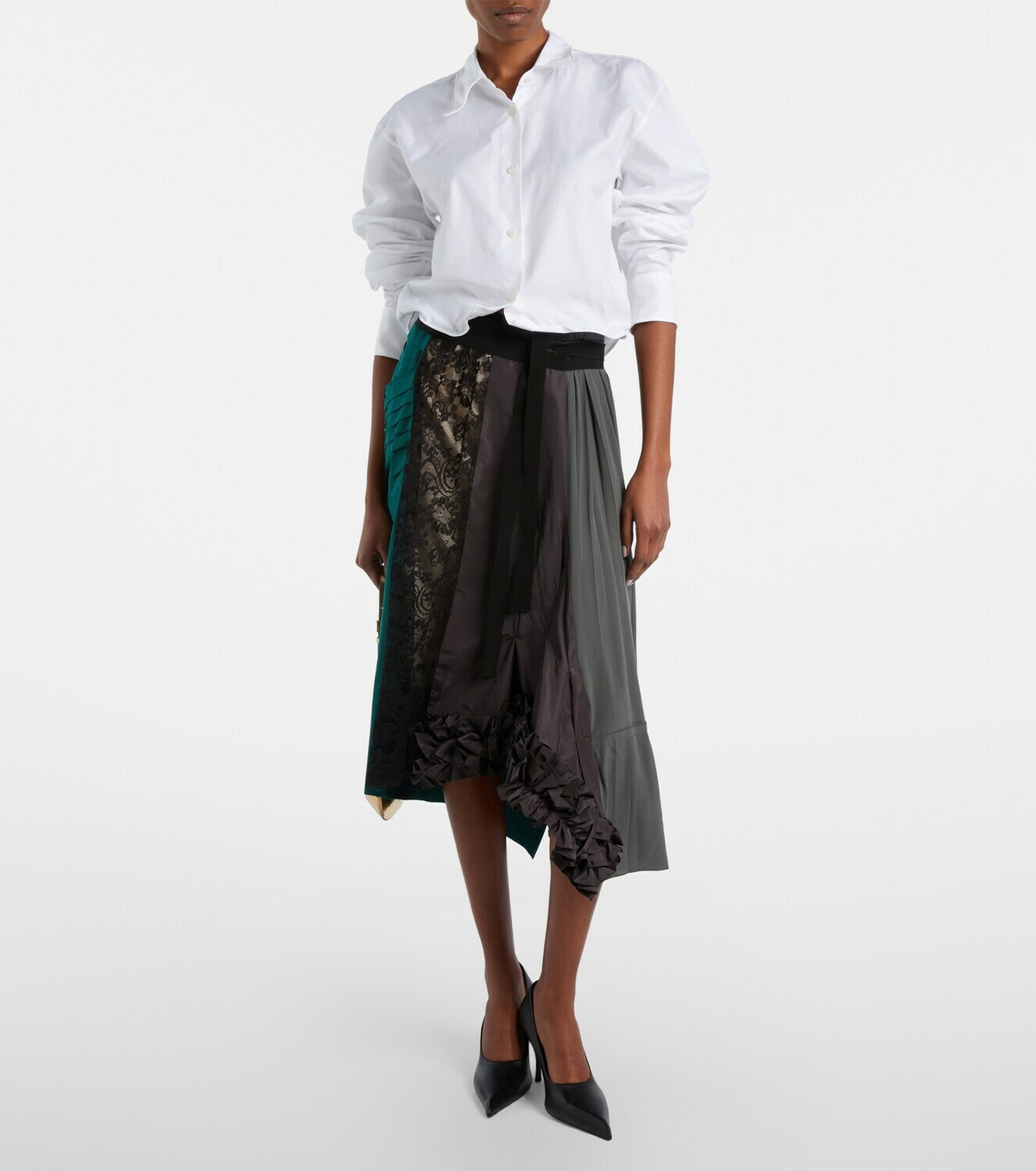 Prada Paneled belted midi skirt