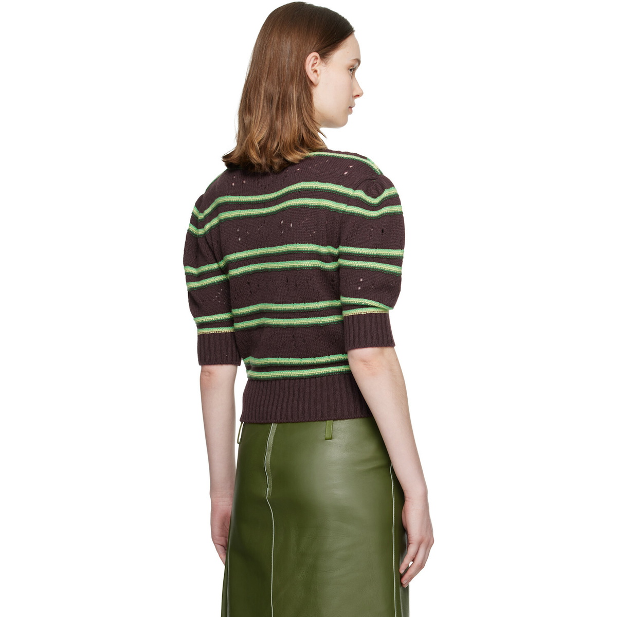 Marni Brown Short Sleeve Striped Crewneck Sweater