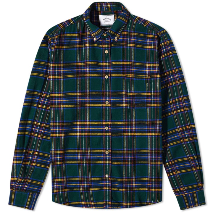 Photo: Portuguese Flannel Men's Billiard Room Button Down Tartan Shirt in Green/Blue/Yellow