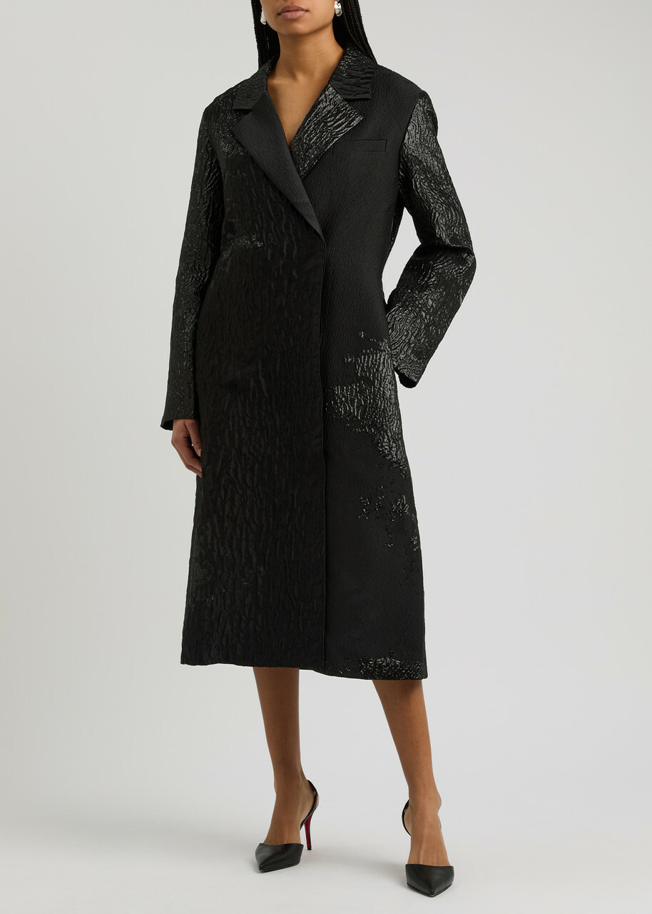 Stine Goya Panelled Metallic Cloque Coat Black