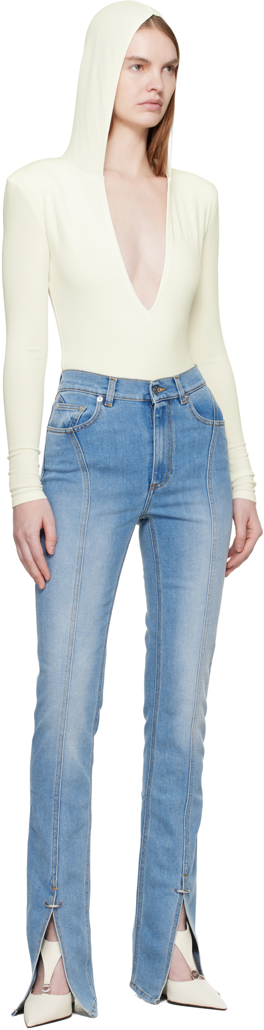 Mugler Off-White Hooded V-Neck Bodysuit