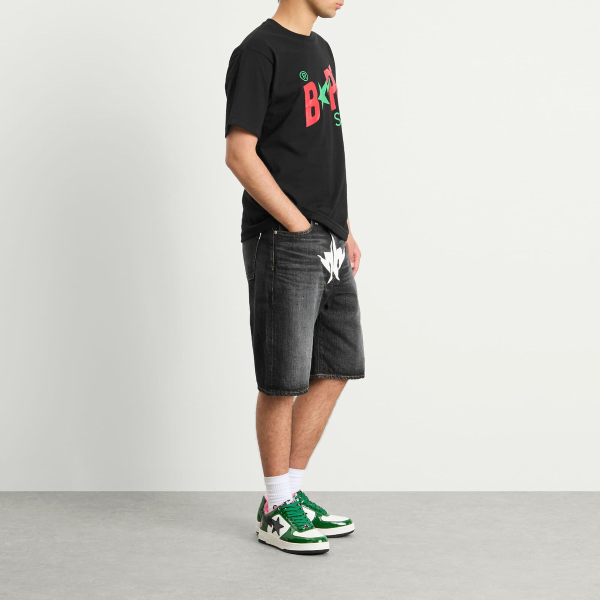 A Bathing Ape Men's Twin Sta Relaxed Fit Denim Shorts in Black
