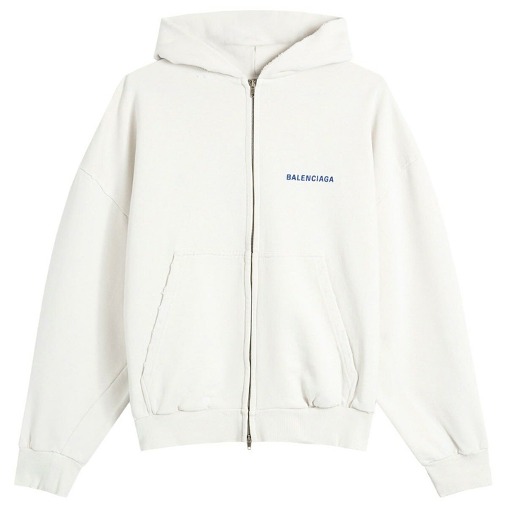 Photo: Balenciaga Men's Logo Back Dry Molleton Zip-Up Hoodie in Dirty Wht/Sport Blue