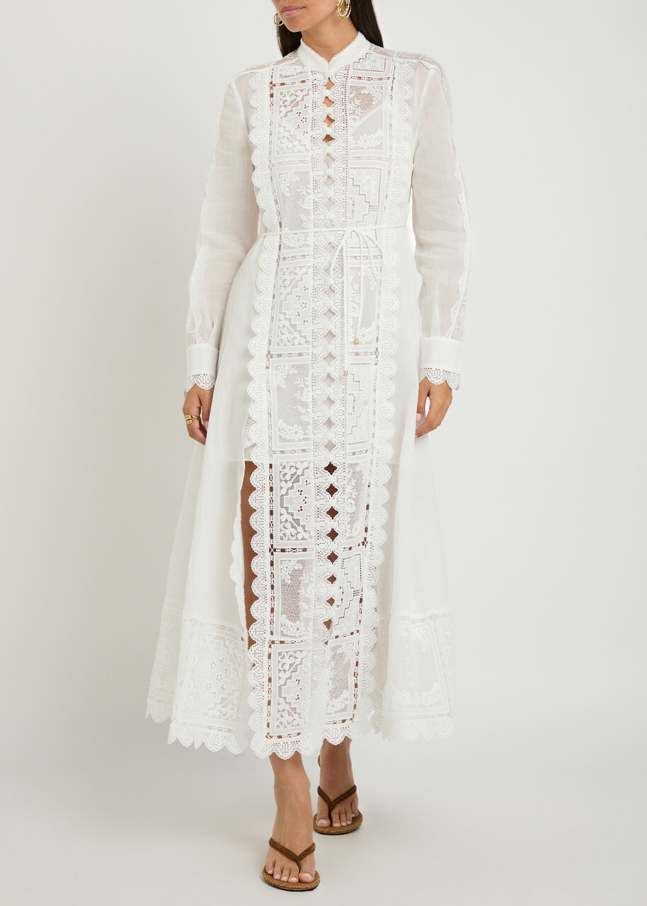 Zimmermann Aster Embroidered Belted Ramie Midi Dress Ivory