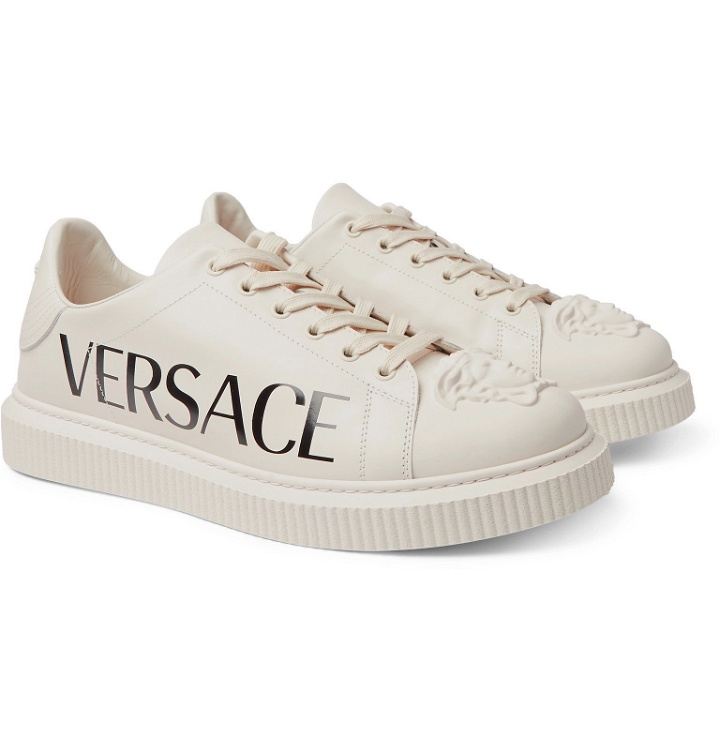 Photo: Versace - Logo-Print Rubber-Trimmed Leather Sneakers - Neutrals