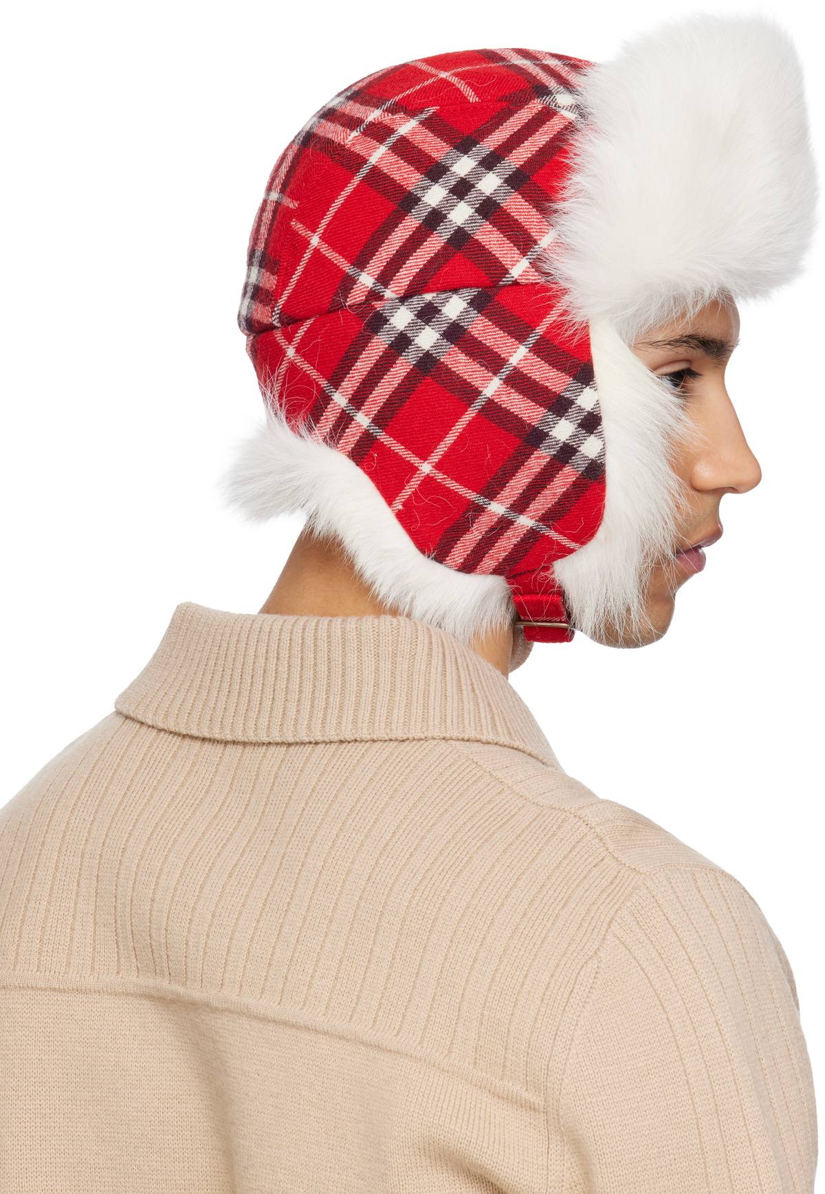 Burberry Red & Off-White Check Wool Trapper Hat
