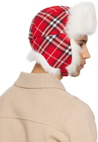 Burberry Red & Off-White Check Wool Trapper Hat
