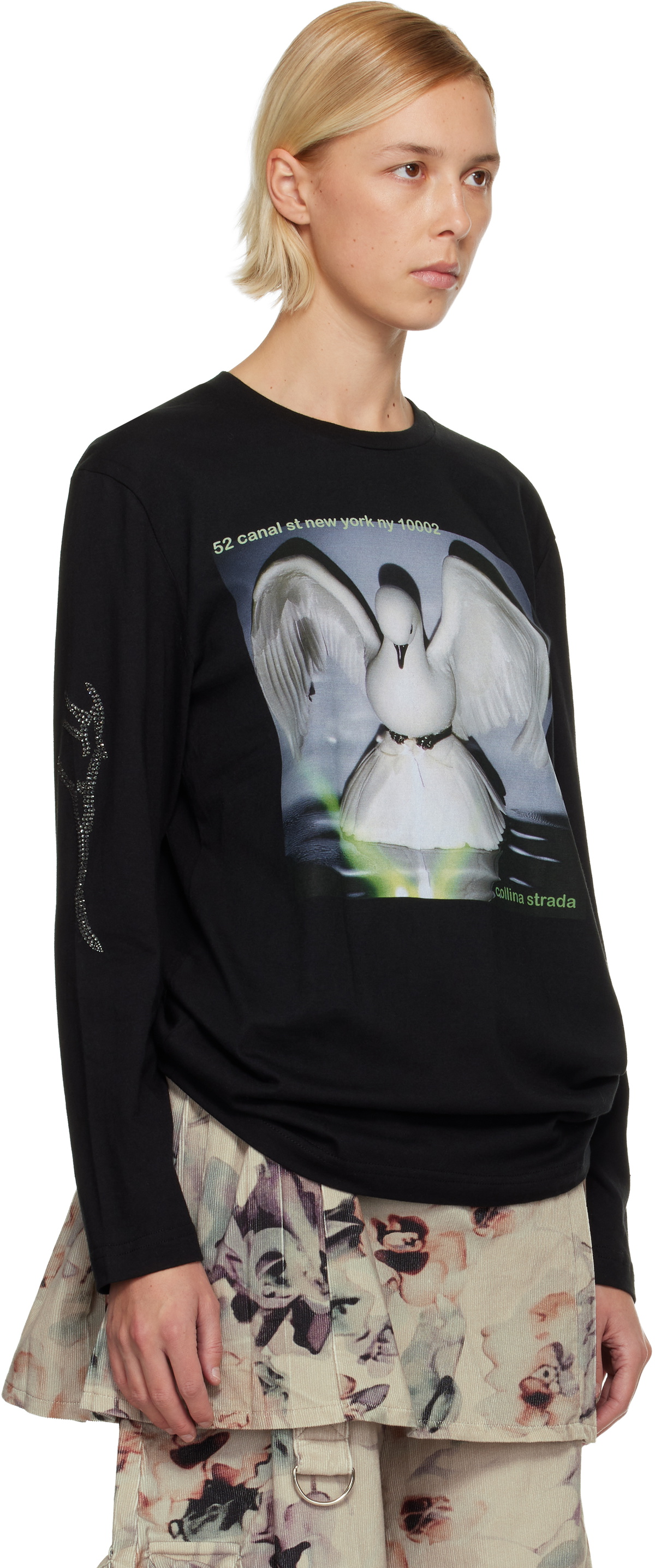 Collina Strada Black '52 Canal' L/S Rhinestone Graphic T-shirt