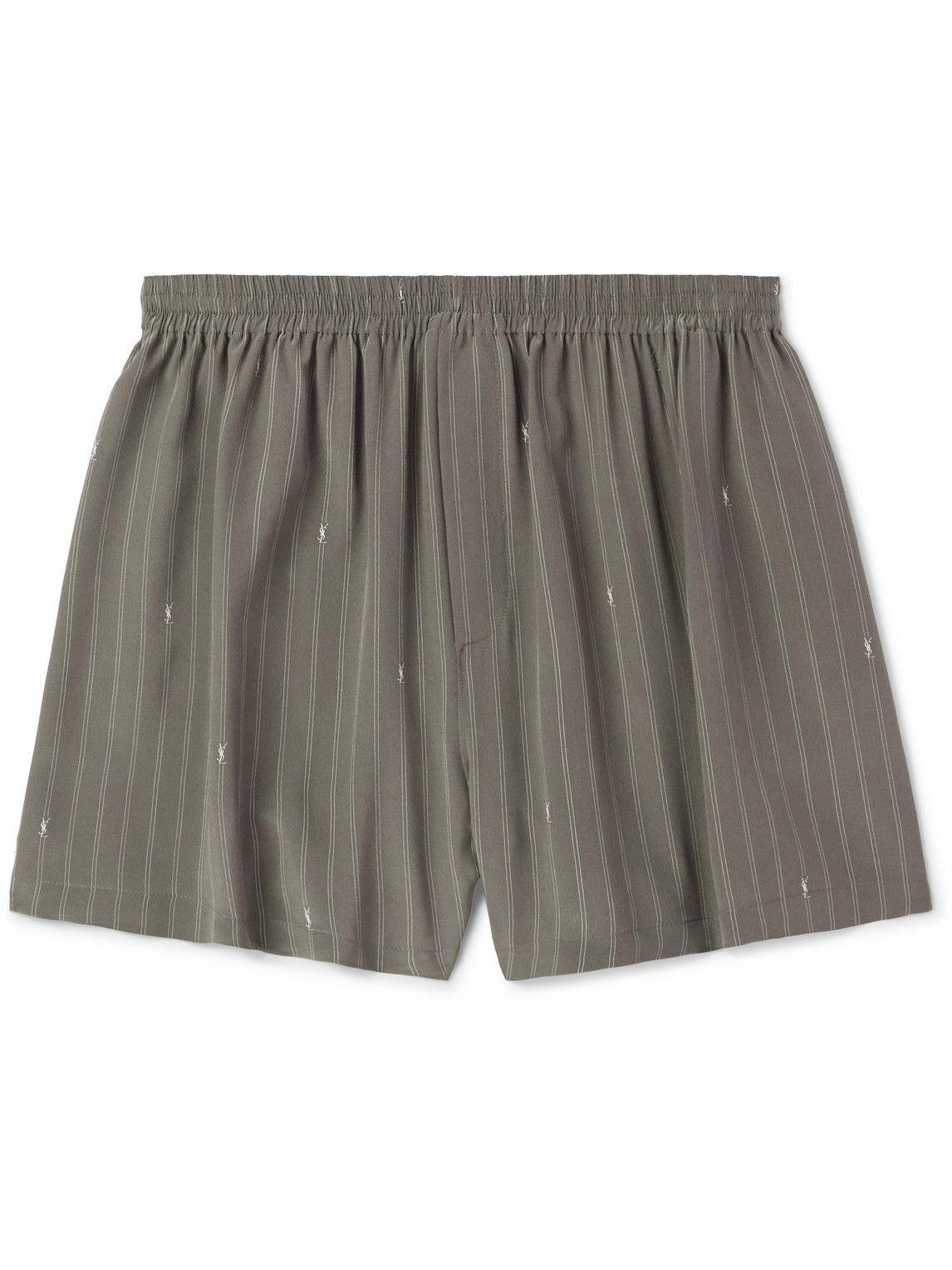 SAINT LAURENT - Straight-Leg Logo-Print Pinstriped Silk Shorts - Gray