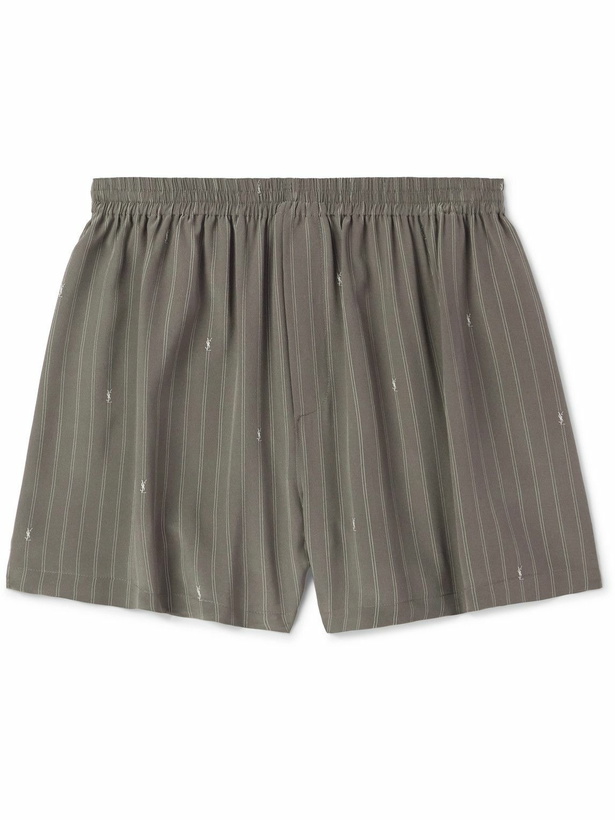 Photo: SAINT LAURENT - Straight-Leg Logo-Print Pinstriped Silk Shorts - Gray